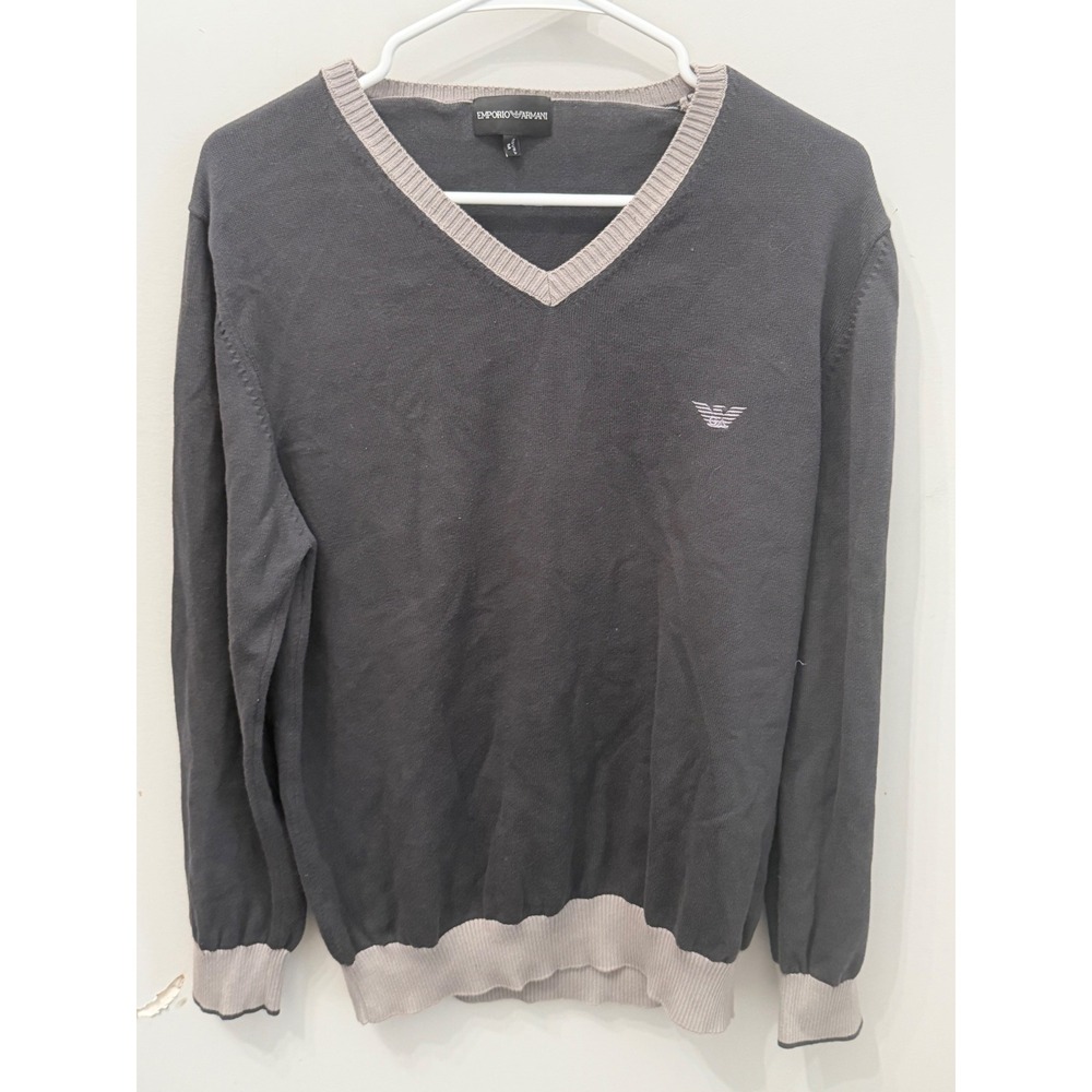 Emporio Armani Mens Gray V Neck Sweater Tipped Trim Eagle Logo Size M Knit